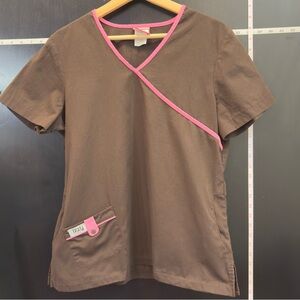 Izzy Brown Scrub Set with Pink Trim